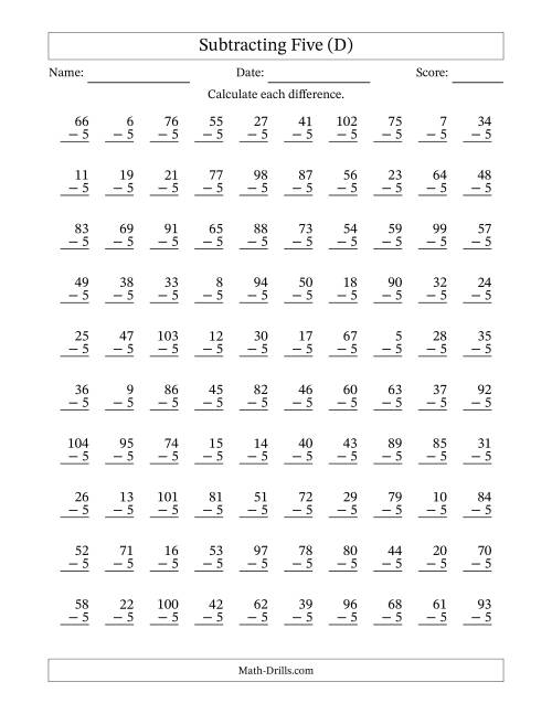 The Subtracting Five With Differences from 0 to 99 – 100 Questions (D) Math Worksheet