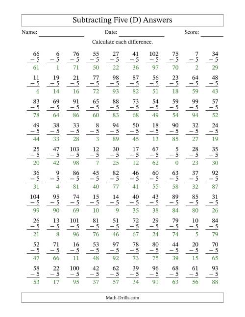 The Subtracting Five With Differences from 0 to 99 – 100 Questions (D) Math Worksheet Page 2
