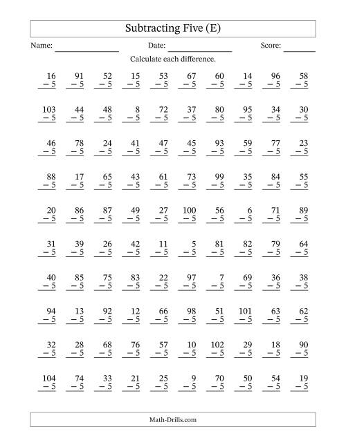 The Subtracting Five With Differences from 0 to 99 – 100 Questions (E) Math Worksheet