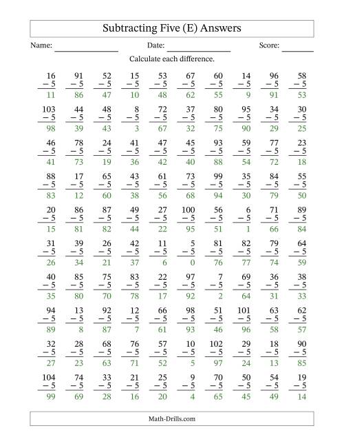 The Subtracting Five With Differences from 0 to 99 – 100 Questions (E) Math Worksheet Page 2