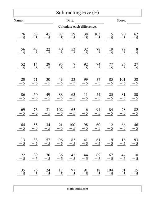 The Subtracting Five With Differences from 0 to 99 – 100 Questions (F) Math Worksheet