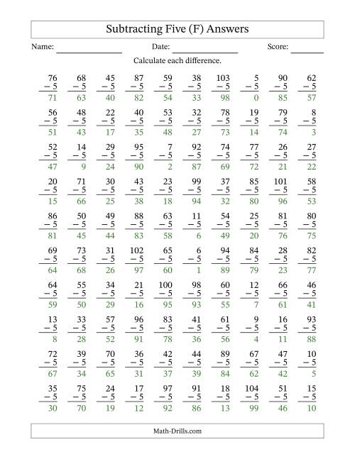 The Subtracting Five With Differences from 0 to 99 – 100 Questions (F) Math Worksheet Page 2