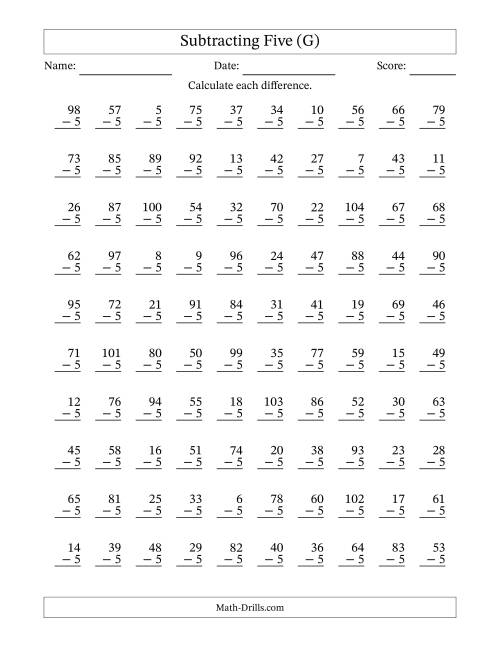 The Subtracting Five With Differences from 0 to 99 – 100 Questions (G) Math Worksheet