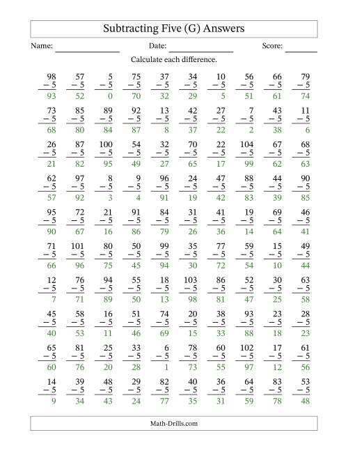 The Subtracting Five With Differences from 0 to 99 – 100 Questions (G) Math Worksheet Page 2