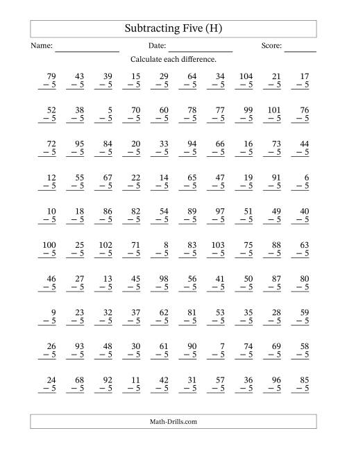 The Subtracting Five With Differences from 0 to 99 – 100 Questions (H) Math Worksheet