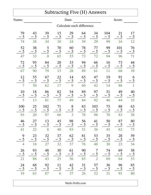 The Subtracting Five With Differences from 0 to 99 – 100 Questions (H) Math Worksheet Page 2