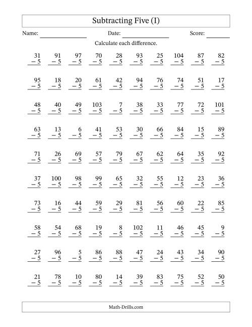 The Subtracting Five With Differences from 0 to 99 – 100 Questions (I) Math Worksheet