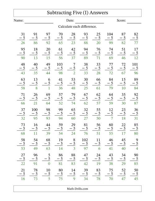 The Subtracting Five With Differences from 0 to 99 – 100 Questions (I) Math Worksheet Page 2