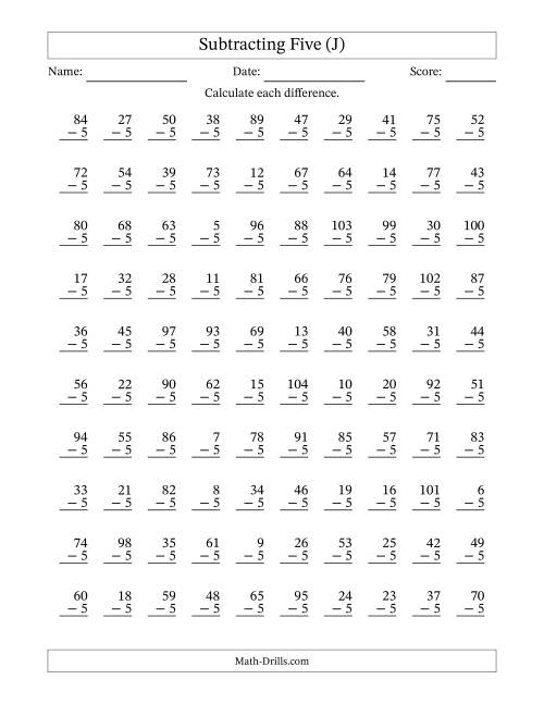 The Subtracting Five With Differences from 0 to 99 – 100 Questions (J) Math Worksheet