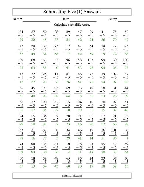 The Subtracting Five With Differences from 0 to 99 – 100 Questions (J) Math Worksheet Page 2