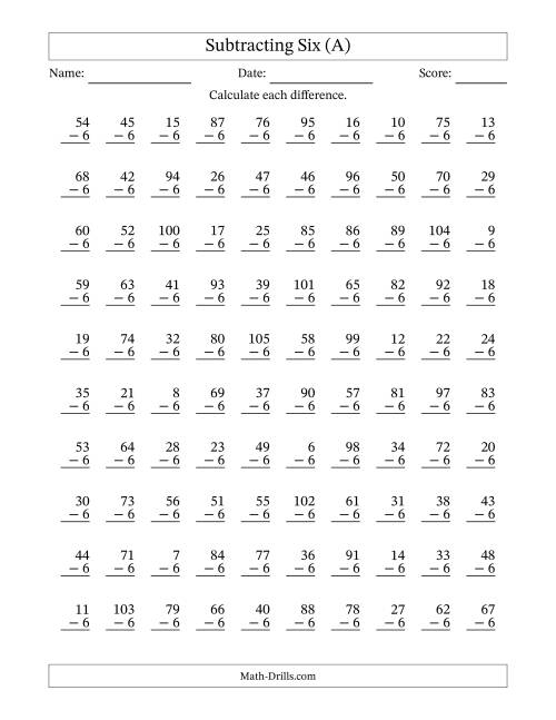 The Subtracting Six With Differences from 0 to 99 – 100 Questions (A) Math Worksheet