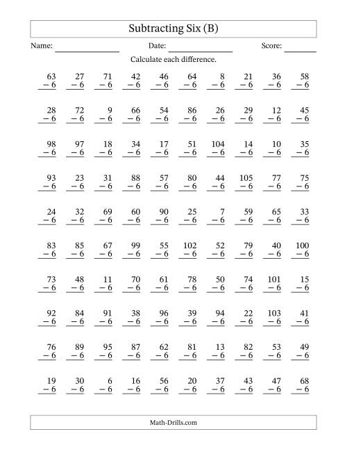 The Subtracting Six With Differences from 0 to 99 – 100 Questions (B) Math Worksheet