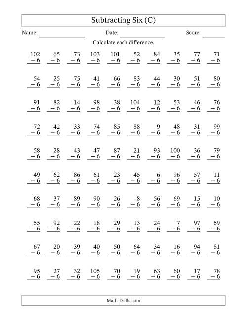 The Subtracting Six With Differences from 0 to 99 – 100 Questions (C) Math Worksheet