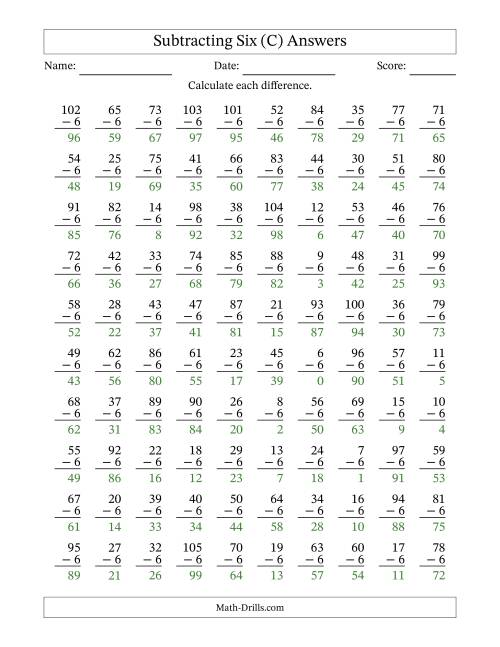 The Subtracting Six With Differences from 0 to 99 – 100 Questions (C) Math Worksheet Page 2