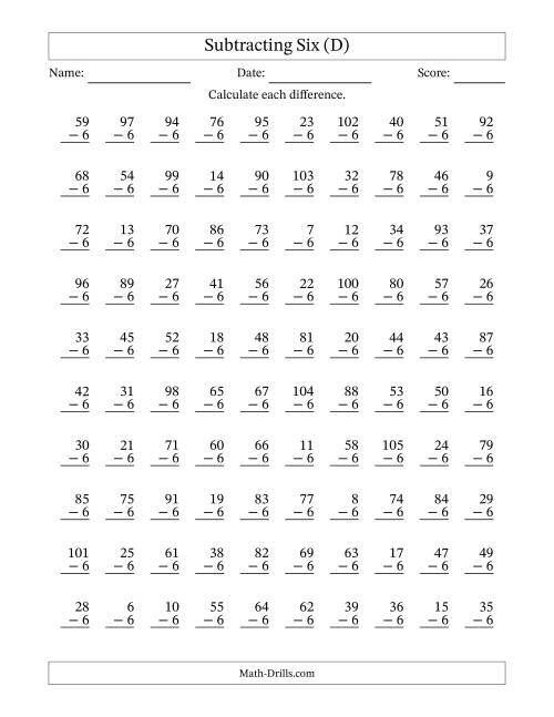 The Subtracting Six With Differences from 0 to 99 – 100 Questions (D) Math Worksheet