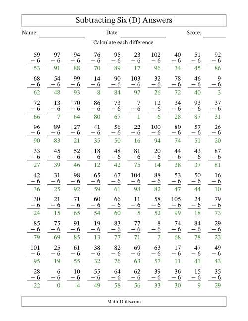The Subtracting Six With Differences from 0 to 99 – 100 Questions (D) Math Worksheet Page 2