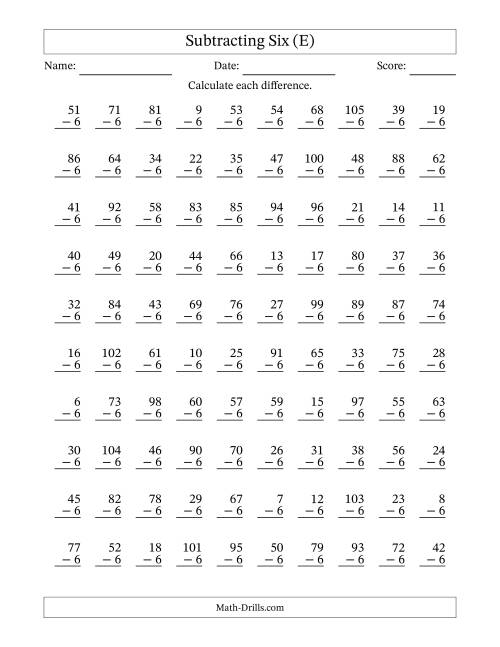 The Subtracting Six With Differences from 0 to 99 – 100 Questions (E) Math Worksheet