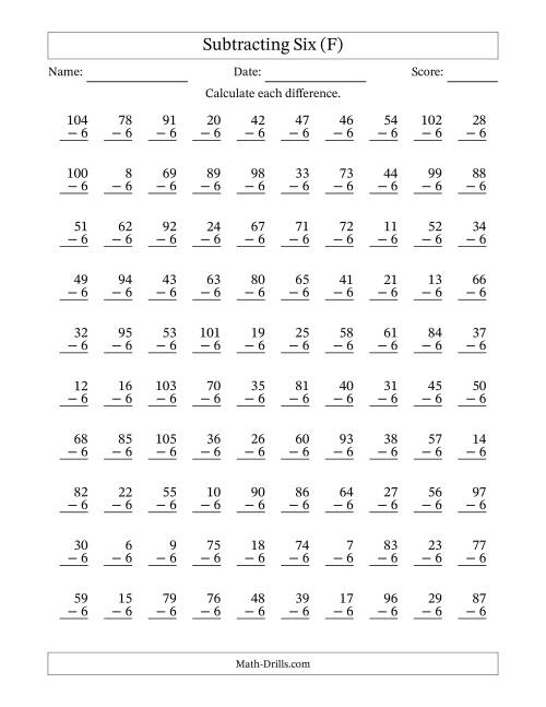 The Subtracting Six With Differences from 0 to 99 – 100 Questions (F) Math Worksheet