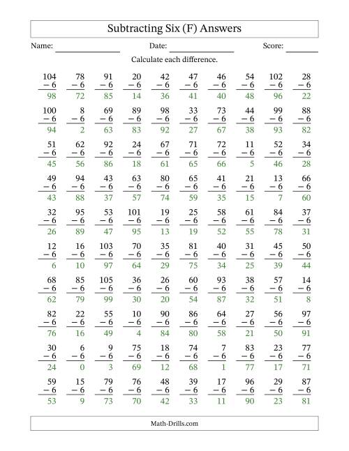 The Subtracting Six With Differences from 0 to 99 – 100 Questions (F) Math Worksheet Page 2