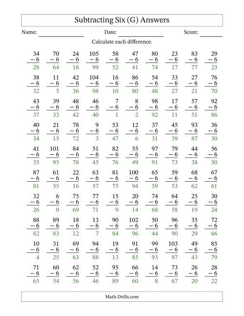 The Subtracting Six (6) with Differences 0 to 99 (100 Questions) (G) Math Worksheet Page 2