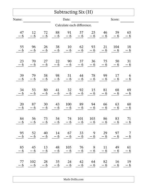 The Subtracting Six (6) with Differences 0 to 99 (100 Questions) (H) Math Worksheet