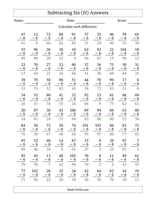 The Subtracting Six (6) with Differences 0 to 99 (100 Questions) (H) Math Worksheet Page 2