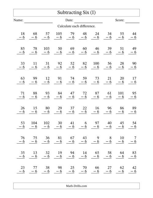 The Subtracting Six With Differences from 0 to 99 – 100 Questions (I) Math Worksheet