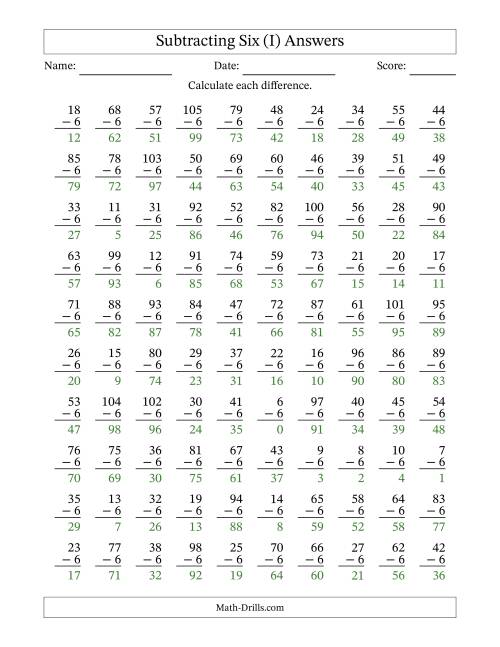 The Subtracting Six With Differences from 0 to 99 – 100 Questions (I) Math Worksheet Page 2