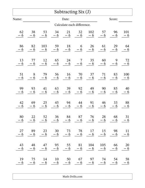 The Subtracting Six With Differences from 0 to 99 – 100 Questions (J) Math Worksheet