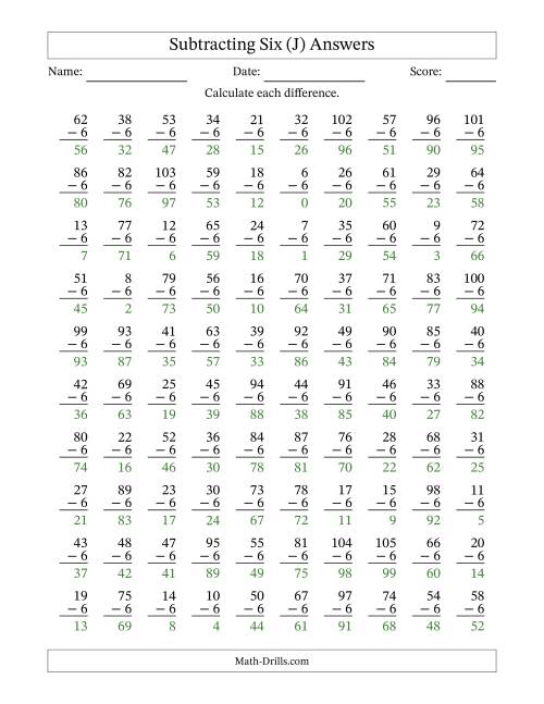 The Subtracting Six With Differences from 0 to 99 – 100 Questions (J) Math Worksheet Page 2