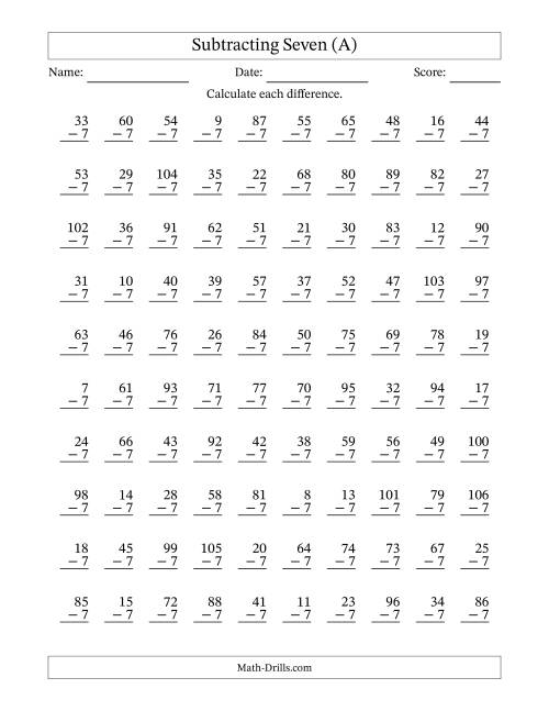 The Subtracting Seven With Differences from 0 to 99 – 100 Questions (A) Math Worksheet