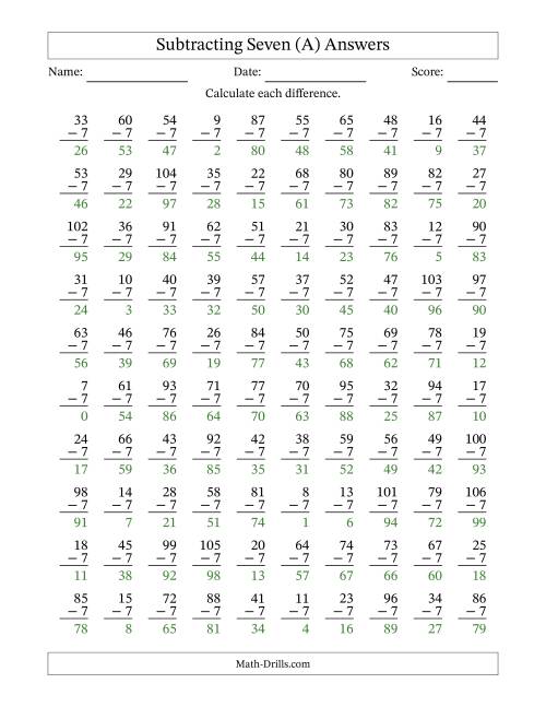 The Subtracting Seven With Differences from 0 to 99 – 100 Questions (A) Math Worksheet Page 2