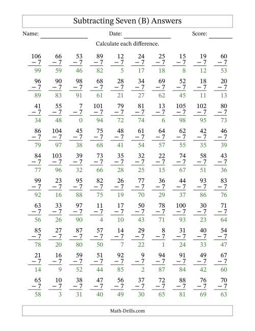 The Subtracting Seven With Differences from 0 to 99 – 100 Questions (B) Math Worksheet Page 2