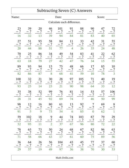 The Subtracting Seven With Differences from 0 to 99 – 100 Questions (C) Math Worksheet Page 2