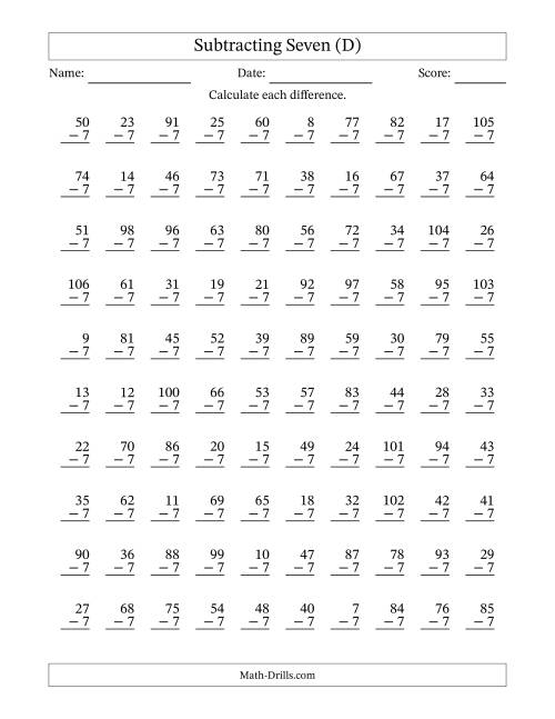 The Subtracting Seven With Differences from 0 to 99 – 100 Questions (D) Math Worksheet