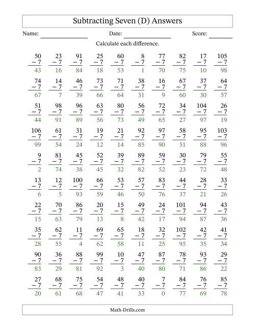 The Subtracting Seven With Differences from 0 to 99 – 100 Questions (D) Math Worksheet Page 2