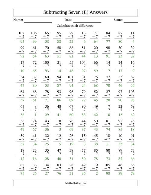 The Subtracting Seven With Differences from 0 to 99 – 100 Questions (E) Math Worksheet Page 2