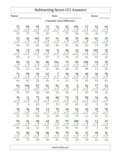 The Subtracting Seven With Differences from 0 to 99 – 100 Questions (G) Math Worksheet Page 2