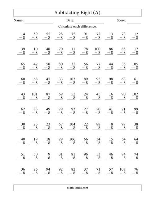The Subtracting Eight With Differences from 0 to 99 – 100 Questions (A) Math Worksheet