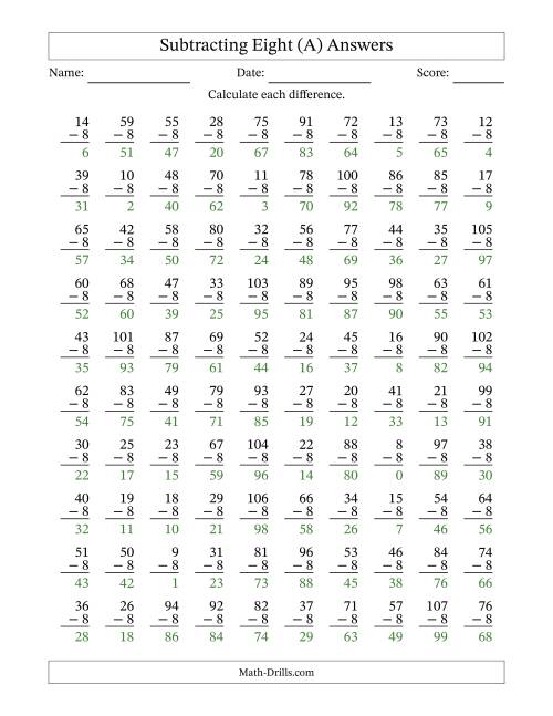 The Subtracting Eight With Differences from 0 to 99 – 100 Questions (A) Math Worksheet Page 2