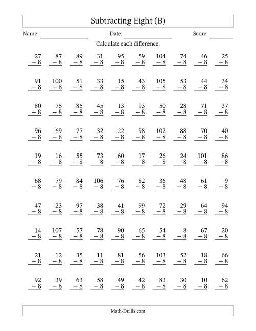 The Subtracting Eight With Differences from 0 to 99 – 100 Questions (B) Math Worksheet