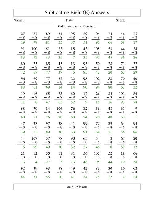 The Subtracting Eight With Differences from 0 to 99 – 100 Questions (B) Math Worksheet Page 2