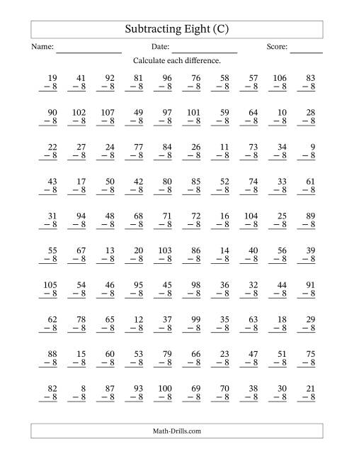 The Subtracting Eight With Differences from 0 to 99 – 100 Questions (C) Math Worksheet