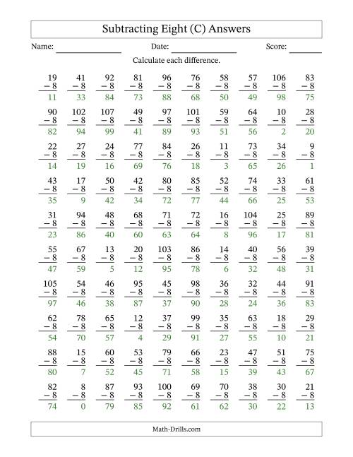 The Subtracting Eight With Differences from 0 to 99 – 100 Questions (C) Math Worksheet Page 2