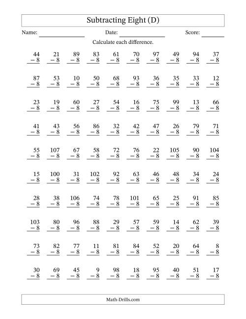 The Subtracting Eight With Differences from 0 to 99 – 100 Questions (D) Math Worksheet