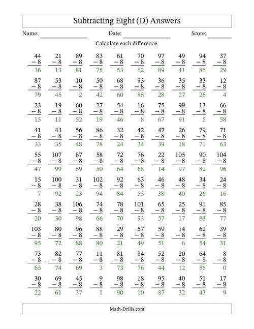 The Subtracting Eight With Differences from 0 to 99 – 100 Questions (D) Math Worksheet Page 2
