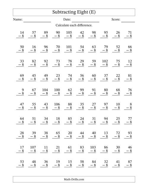 The Subtracting Eight With Differences from 0 to 99 – 100 Questions (E) Math Worksheet
