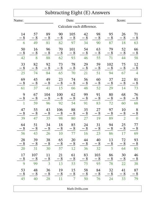 The Subtracting Eight With Differences from 0 to 99 – 100 Questions (E) Math Worksheet Page 2