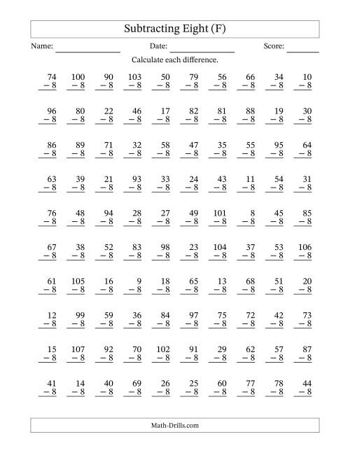 The Subtracting Eight With Differences from 0 to 99 – 100 Questions (F) Math Worksheet