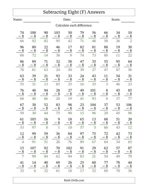 The Subtracting Eight With Differences from 0 to 99 – 100 Questions (F) Math Worksheet Page 2